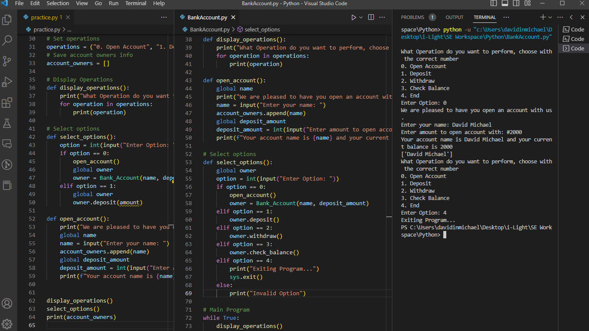 davidinmichael's tweet photo. Making progress on my latest project! Here's a sneak peek at some of the code behind my new banking program. Can't wait to share more updates soon.
#programming #banking #python #programming #codinglife #bankingprogram #sneakpeek https://t.co/xG0LNFR7kK
