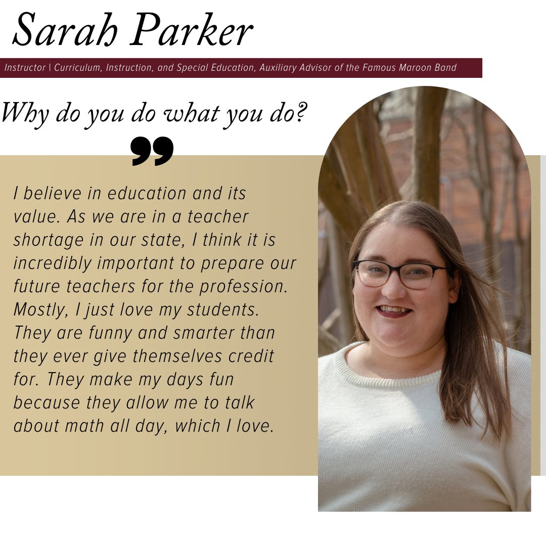 CollegeofEd_MSU's tweet photo. Today, as we continue #ConnectingwithTheCollegeofEd, we are proud to share more information about Sarah Parker. 

Ms. Parker began working for the college in 2017. Her students love learning from her. We are so grateful to have her as part of the College of Education family! https://t.co/mKPuXpARuU