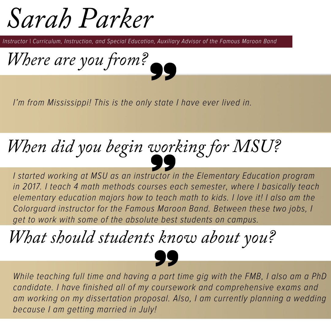 CollegeofEd_MSU's tweet photo. Today, as we continue #ConnectingwithTheCollegeofEd, we are proud to share more information about Sarah Parker. 

Ms. Parker began working for the college in 2017. Her students love learning from her. We are so grateful to have her as part of the College of Education family! https://t.co/mKPuXpARuU