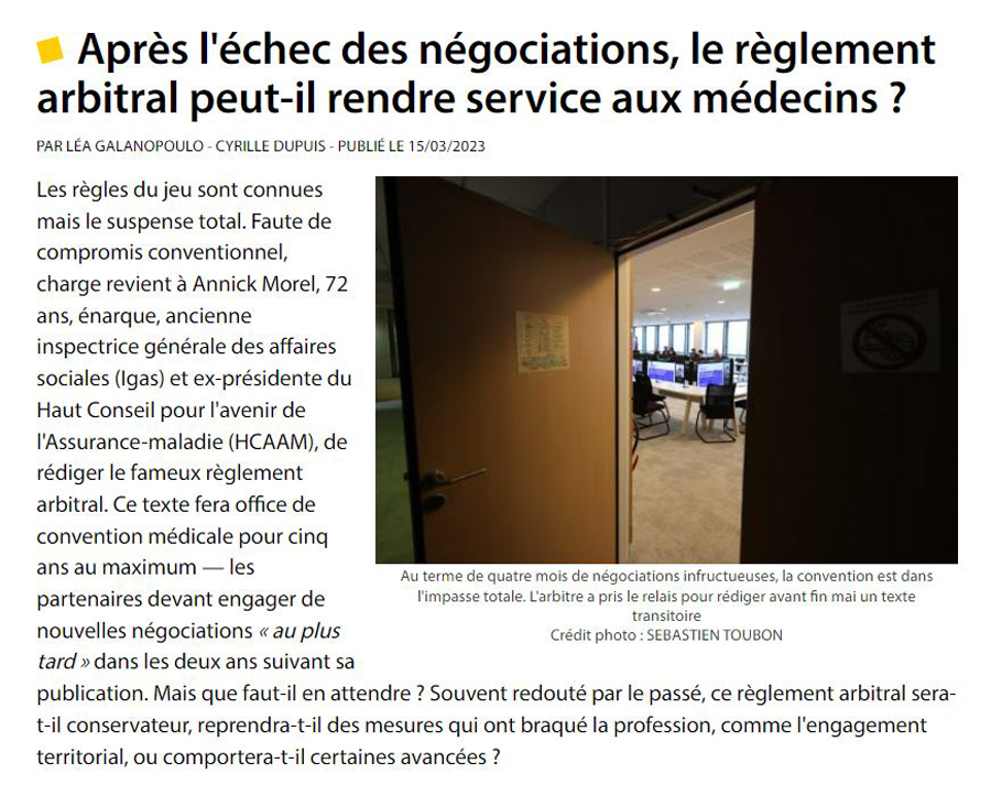 "Annick Morel a montré la volonté d’avancer rapidement."
<a href="/DuquesnelLuc/">DUQUESNEL Luc</a>, pdt <a href="/LesGeneCSMF/">Les Généralistes CSMF</a> 

"Il ne faudra pas rater le règlement arbitral sinon nous mettrons en péril l’accès aux soins."
Bruno Perrouty, pdt <a href="/LesSpeCSMF/">Les Spécialistes CSMF</a> 

📰 <a href="/leQdM/">Le Quotidien du Médecin</a> : bit.ly/3ZR3urg