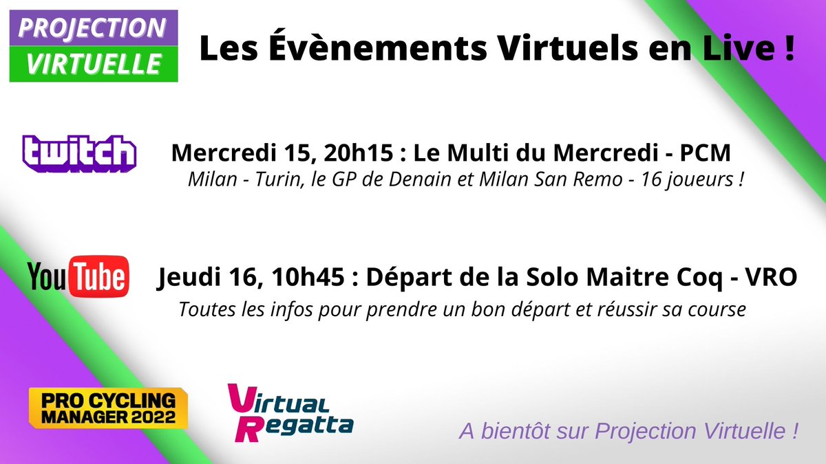 ProjectionVirt1's tweet photo. Du @VirtualRegatta et du #ProCyclingManger au programme 🤩
On a en passer du temps ensemble dans les prochaines heures! Hâte de vous retrouver!
#MultiMercredi #MilanTurin #SoloMaitreCoq #PCM22 #VRO #Stream #Twitch #Youtube https://t.co/AbnkNGrV09