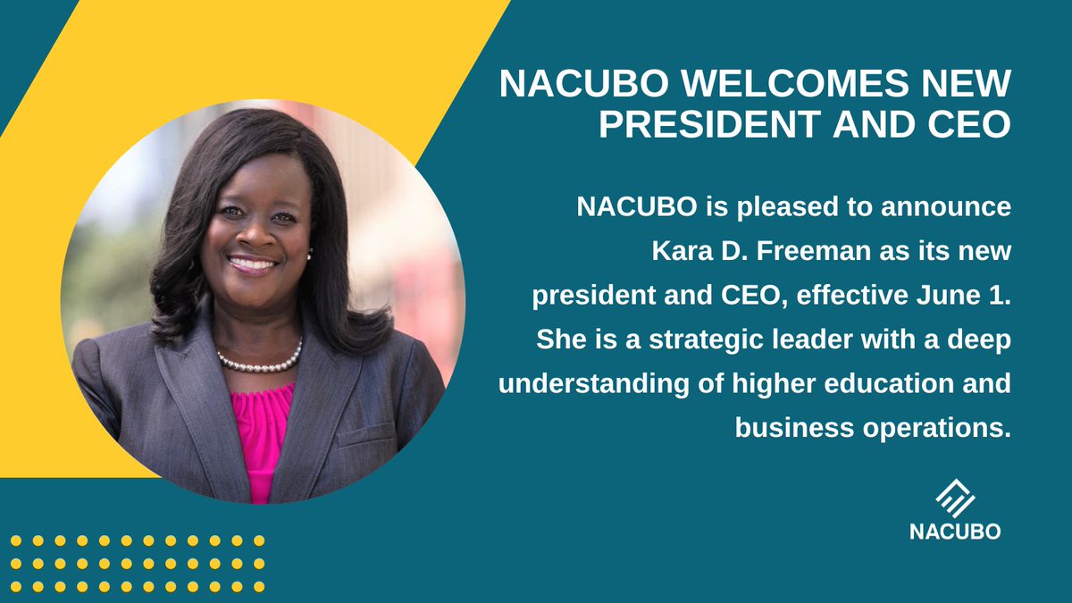 NACUBO's tweet photo. We are pleased to announce that Kara D. Freeman is NACUBO's new president and CEO. 
https://t.co/5JPJI0K6HF https://t.co/6BE6kXUo0E