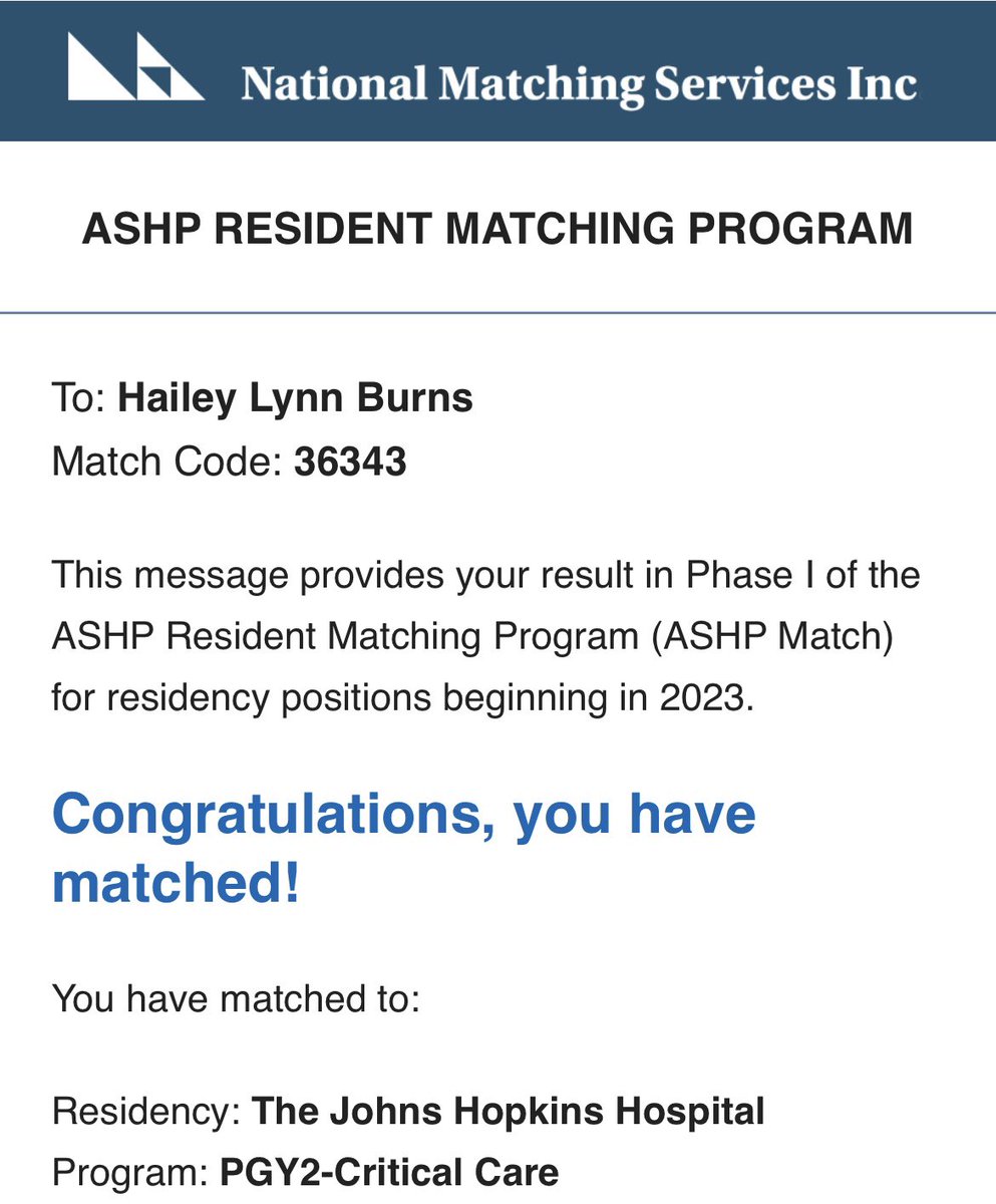 SO beyond honored and excited to announce I will be completing my training as a critical care pharmacist at Johns Hopkins!! #TwitteRx #matchday2023 #RxMatchDay