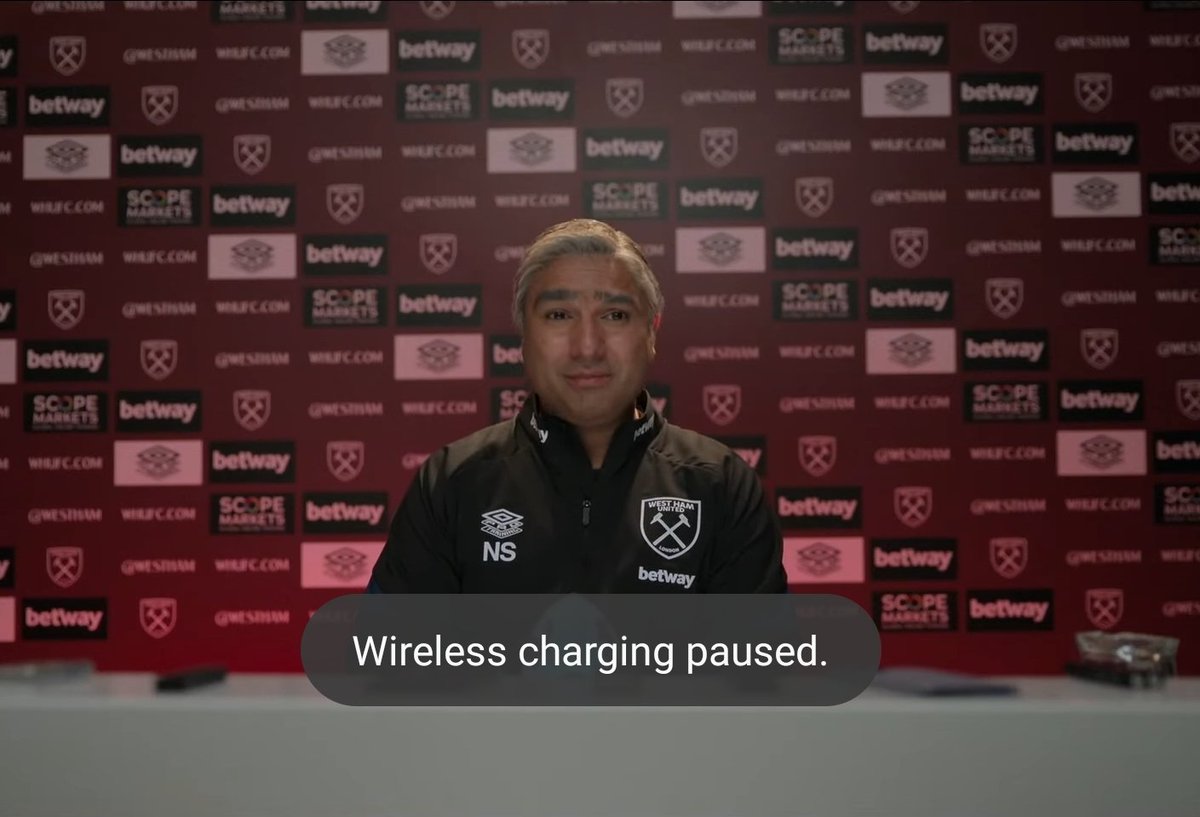sullyflynn's tweet photo. I think the two presser backgrounds in #TedLasso speak to the character's coaching and team. AFC Richmond is uplifting while the "West Ham" brings you down.  Great work by the @TedLasso production team. So stoked that the show is back! https://t.co/62ubQXHDox