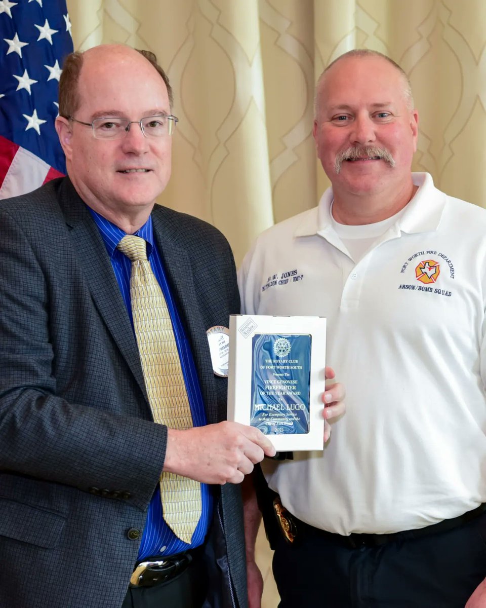 FWfirefighters's tweet photo. Yesterday, Lieutenant Mike Lugo was presented with the Vince Genovese Firefighter of the Year award by the Rotary Club of Fort Worth. Lt Lugo is assigned to the Arson and Bomb Division. Accepting the award on his behalf is Battalion Chief David Jones. Congrats Mike! https://t.co/QAudyv7NFv