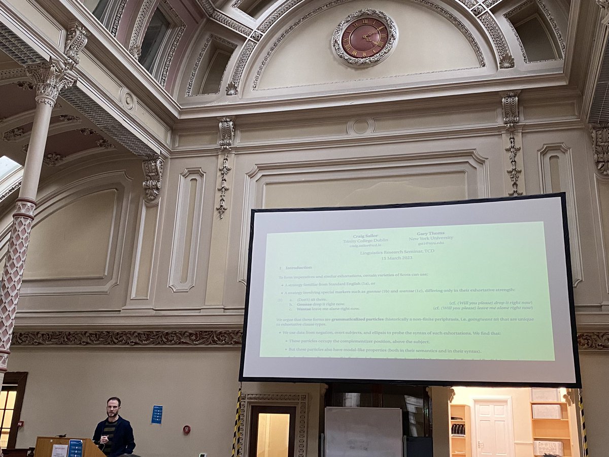 Dr. Isabelle Heyerick, PhD (@iheyerick) on Twitter photo Insightful presentation about syntactic innovations (grammaticalised particles “gonnae & wantae”) in certain varieties of Scots (Sailor & Thoms) <a href="/tcddublin/">Trinity College Dublin</a> Insightful presentation about syntactic innovations (grammaticalised particles “gonnae & wantae”) in certain varieties of Scots (Sailor & Thoms) <a href="/tcddublin/">Trinity College Dublin</a>