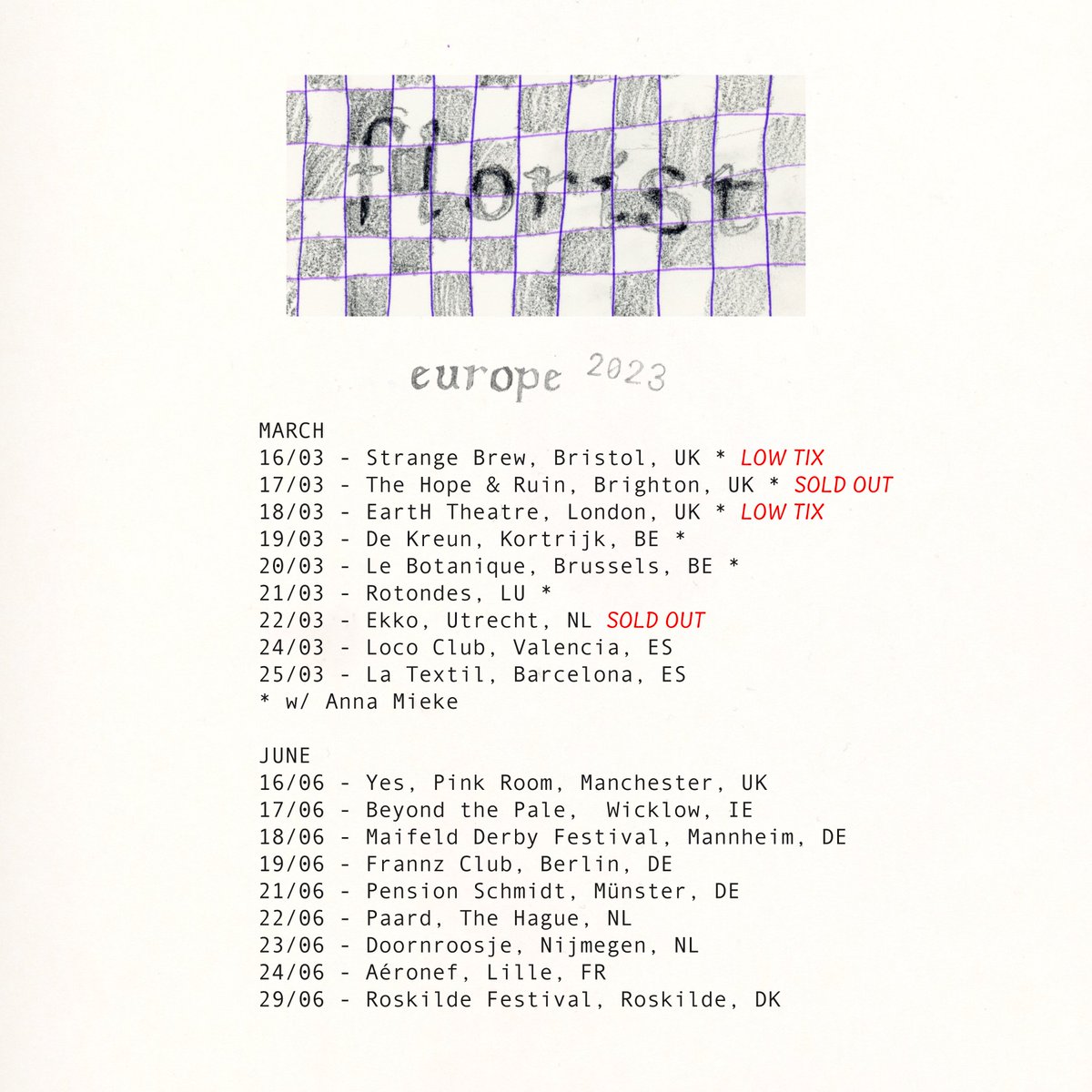 florist (@emyspraguemusic) are back in europe for the month of march! starting in bristol, uk tomorrow ♠ the band returns for more gigs + festivals in june tickets for everything at dbldblwhmmy.com/tour