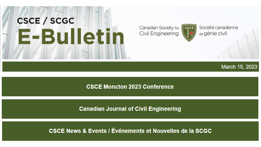csce_scgc's tweet photo. Have you checked out our Mar 15 e-Bulletin?
Updates on #CSCEMoncton2023 conference, two March Tech Talks, Special Issue of CJCE on "Automation and Digital Transformation in the Construction Industry", #sustainability, and more!
https://t.co/CTY8QorXv6
#civilengineering #CSCE_SCGC https://t.co/JNttHcbGpA