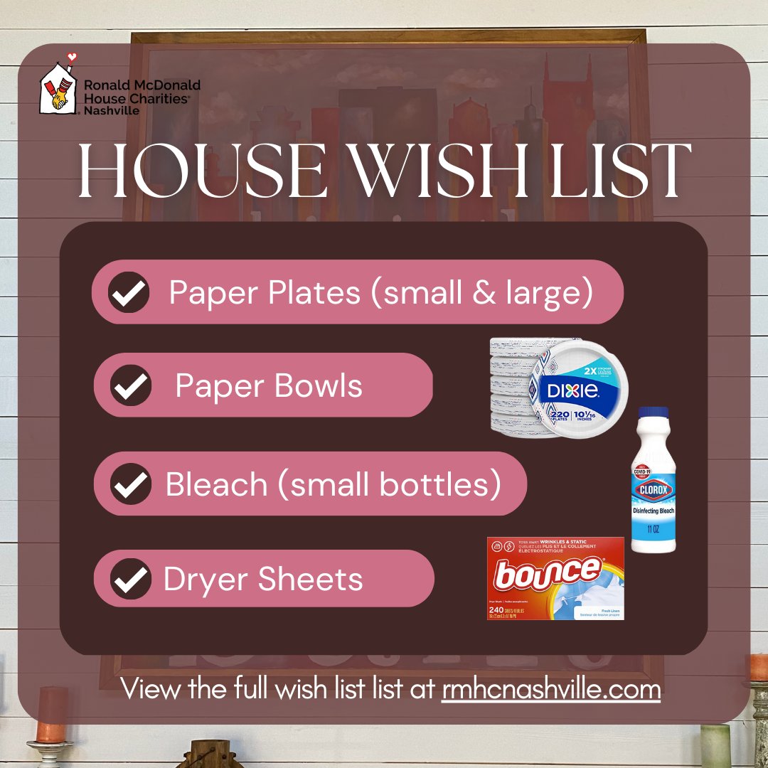 RMHCNashville's tweet photo. #DidYouKnow in 2022 the Nashville Ronald McDonald House was "home" for 169 families caring for their sick children! In order to provide the comforts of home, we need household items! View the full list of needs with the link in bio. #wishlistwednesday #rmhcnashville #itemsneeded https://t.co/NDRIFTW4Jd