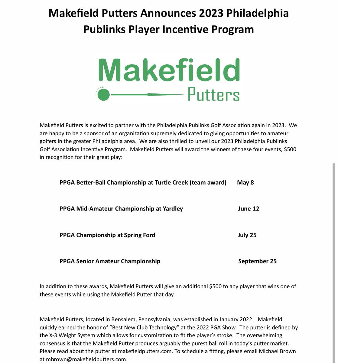 Make_putt's tweet photo. Makefield Putters is thrilled to be a sponsor of the Philly Publinks Golf Association again in 2023! We are huge fans of Pat Sullivan and his committee that works so hard to help bring playing opportunities to amateurs in Philadelphia! #ppga #makefieldputters #makefieldputter https://t.co/EYv6KrDWyx