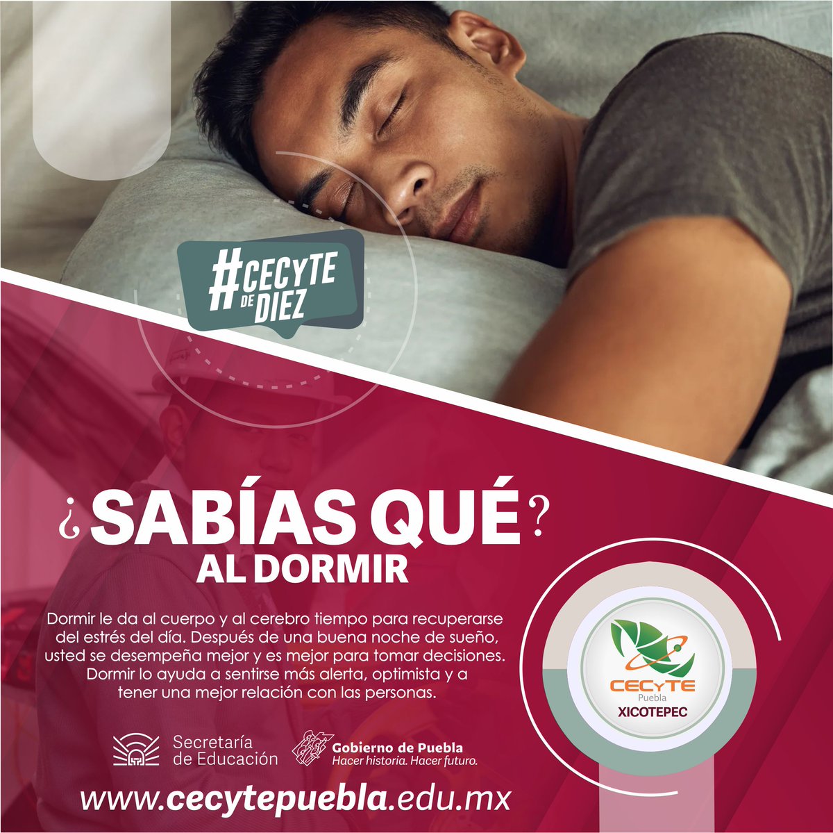 ¿Sabias qué?, dormir menos de 7 horas cada noche reduce la esperanza de vida?. Para los adultos dormir menos de siete horas por noche con regularidad se vincula con un estado de salud deficiente. #SomosCECyTE