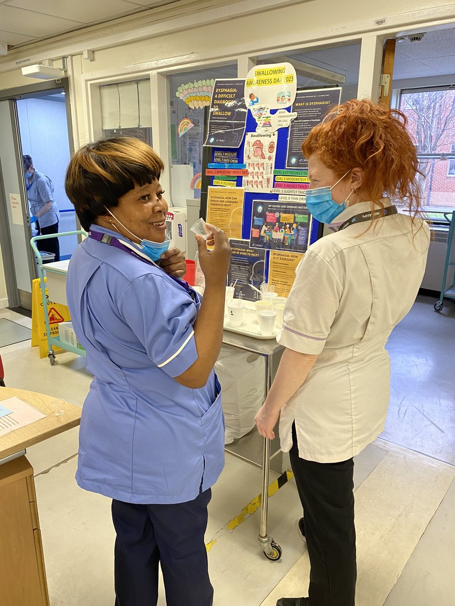 NUHAcuteSLT's tweet photo. Fabulous to get such enthusiastic engagement from nursing staff w our Swallowing Awareness Day stand on Southwell ward @NUH_Respiratory this afternoon #swallowaware2023 Experiencing what our patients w #dysphagia go through is really important #nhweek2023 @TeamNUH @NUHTherapies https://t.co/PuaKzTRiFh