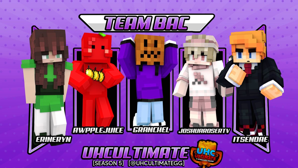 UHCUltimateGG's tweet photo. Introducing our next team for this season of UHC Ultimate! Team BaC! 
 
@joshuarosetv 
@awpplejuice 
@Granchel_ 
@EndaeLIVE 
erinreyn

Be sure to check out their perspectives on March 19, Sunday @ 5 PM EST! https://t.co/xnSu9P3EyH