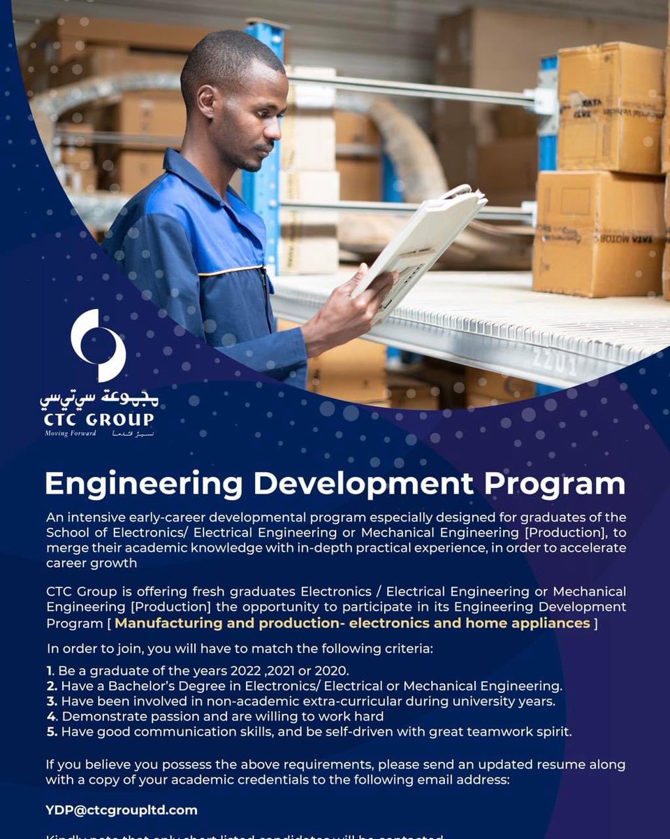 Engineering Development Program 
An intensive early-career developmental program especially designed for graduates of the School of Electronics/ Electrical Engineering or Mechanical Engineering [Production], to merge their academic knowledge with in-depth practical experience.