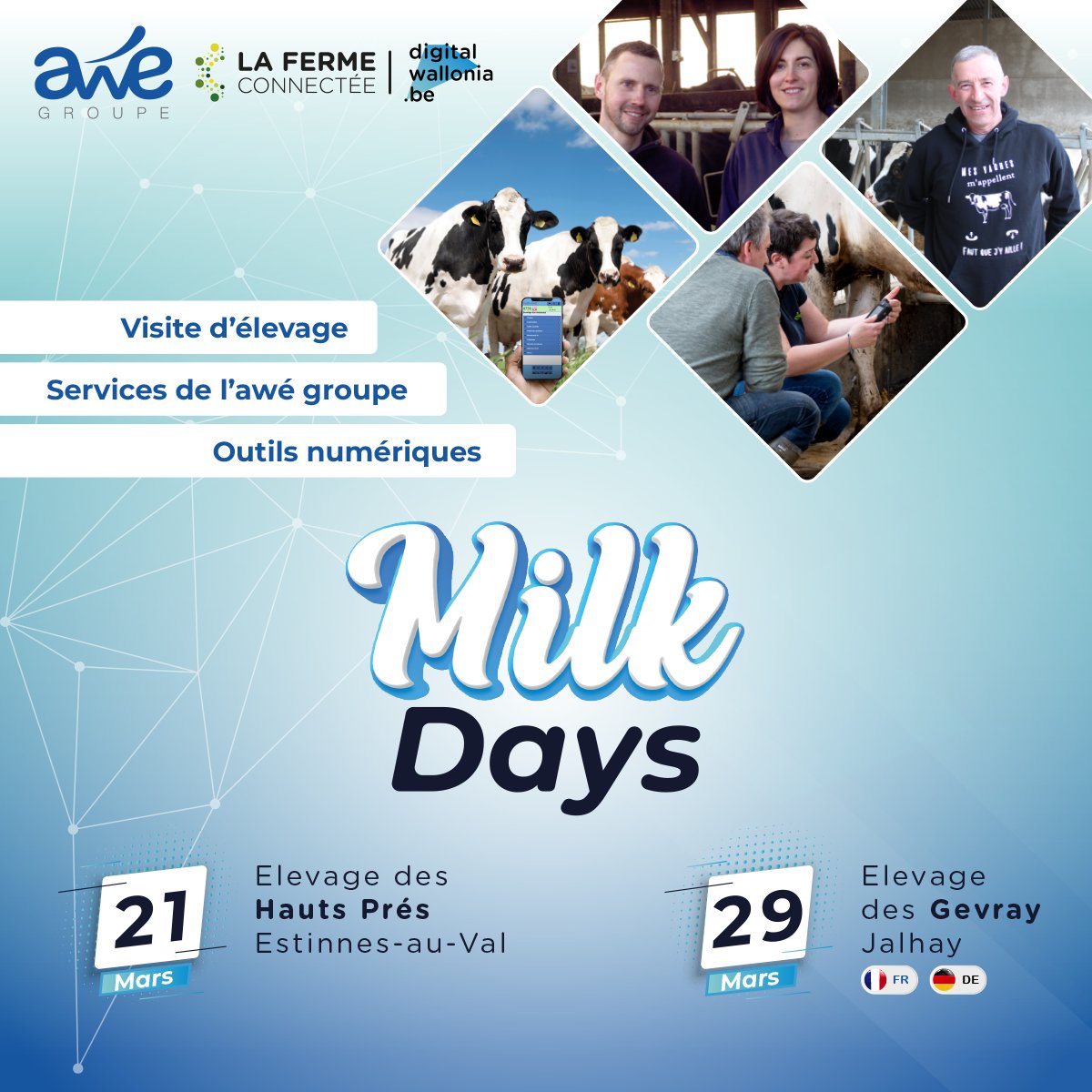 digitalwallonia's tweet photo. Dans le cadre du programme #AgricultureDuFutur de #DigitalWallonia, l'@AdN_Wallonie et l'@AWEGroupe organisent les #MilkDays.

Ces événements ont pour but de sensibiliser les #agriculteurs sur les enjeux du #numérique dans le secteur agricole.

Infos ➡ https://t.co/YTH1NQVFLu https://t.co/xd8okXfqii