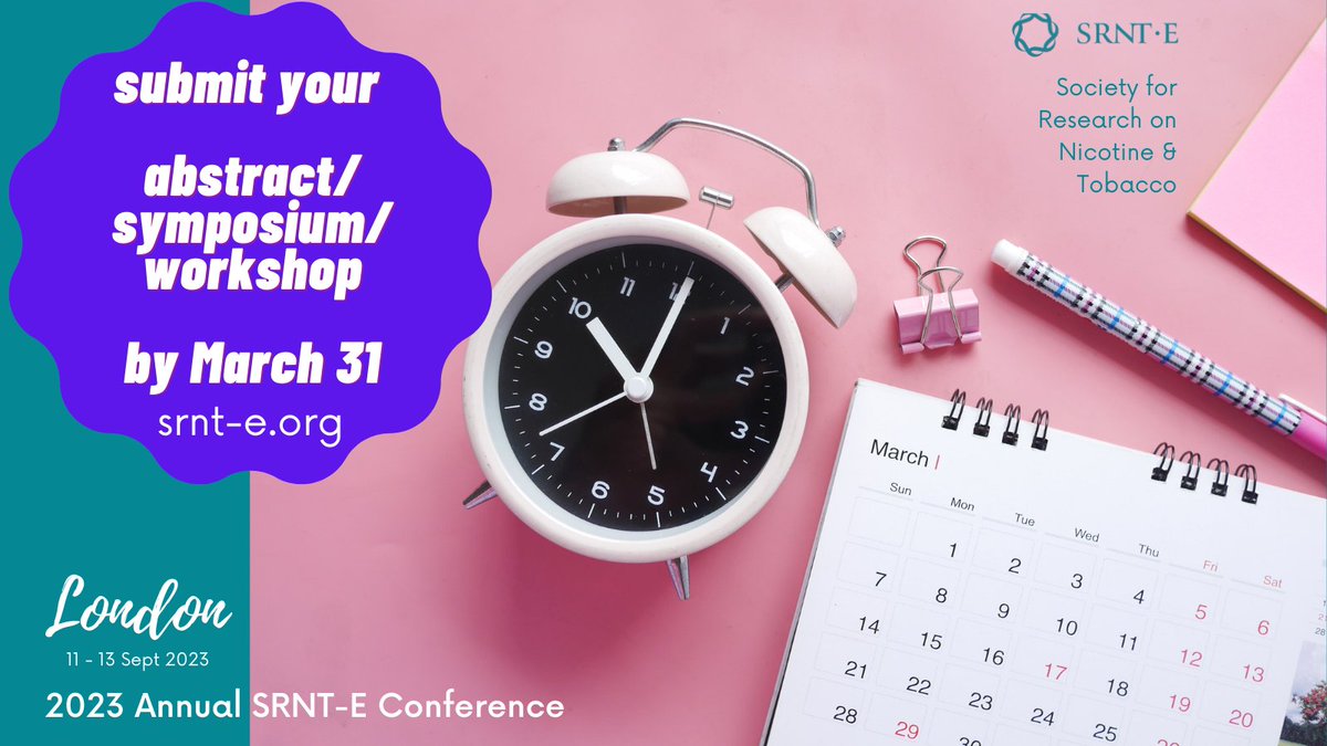 SRNT Europe (@srnt_europe) on Twitter photo Have you already submitted your abstract, symposium and/or workshop for the 2023 #SRNT-E conference? Submission is open until 31 March! <a href="/srntorg/">SRNT</a>
<a href="/NTR_Journal/">Nicotine & Tobacco Research Journal</a>
@PolicySRNT
<a href="/GlobalSRNT/">SRNT Global Research Network</a>
<a href="/TraineeSRNT/">SRNT Trainee Network</a>
<a href="/EquitySRNT/">SRNT Health Equity Network</a>
#tobacco #London Have you already submitted your abstract, symposium and/or workshop for the 2023 #SRNT-E conference? Submission is open until 31 March! <a href="/srntorg/">SRNT</a>
<a href="/NTR_Journal/">Nicotine & Tobacco Research Journal</a>
@PolicySRNT
<a href="/GlobalSRNT/">SRNT Global Research Network</a>
<a href="/TraineeSRNT/">SRNT Trainee Network</a>
<a href="/EquitySRNT/">SRNT Health Equity Network</a>
#tobacco #London