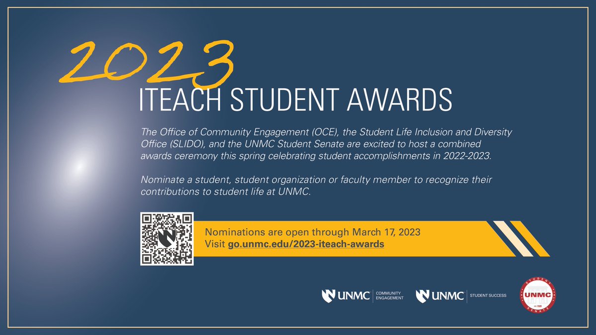 UNMC Student Success (@unmc_success) on Twitter photo You've got just two days left to nominate a student, student organization, and/or faculty member for the 2023 iTEACH Student Awards!
Help us recognize <a href="/unmc/">University of Nebraska Medical Center</a> students' many accomplishments: go.unmc.edu/2023-iteach-aw… You've got just two days left to nominate a student, student organization, and/or faculty member for the 2023 iTEACH Student Awards!
Help us recognize <a href="/unmc/">University of Nebraska Medical Center</a> students' many accomplishments: go.unmc.edu/2023-iteach-aw…