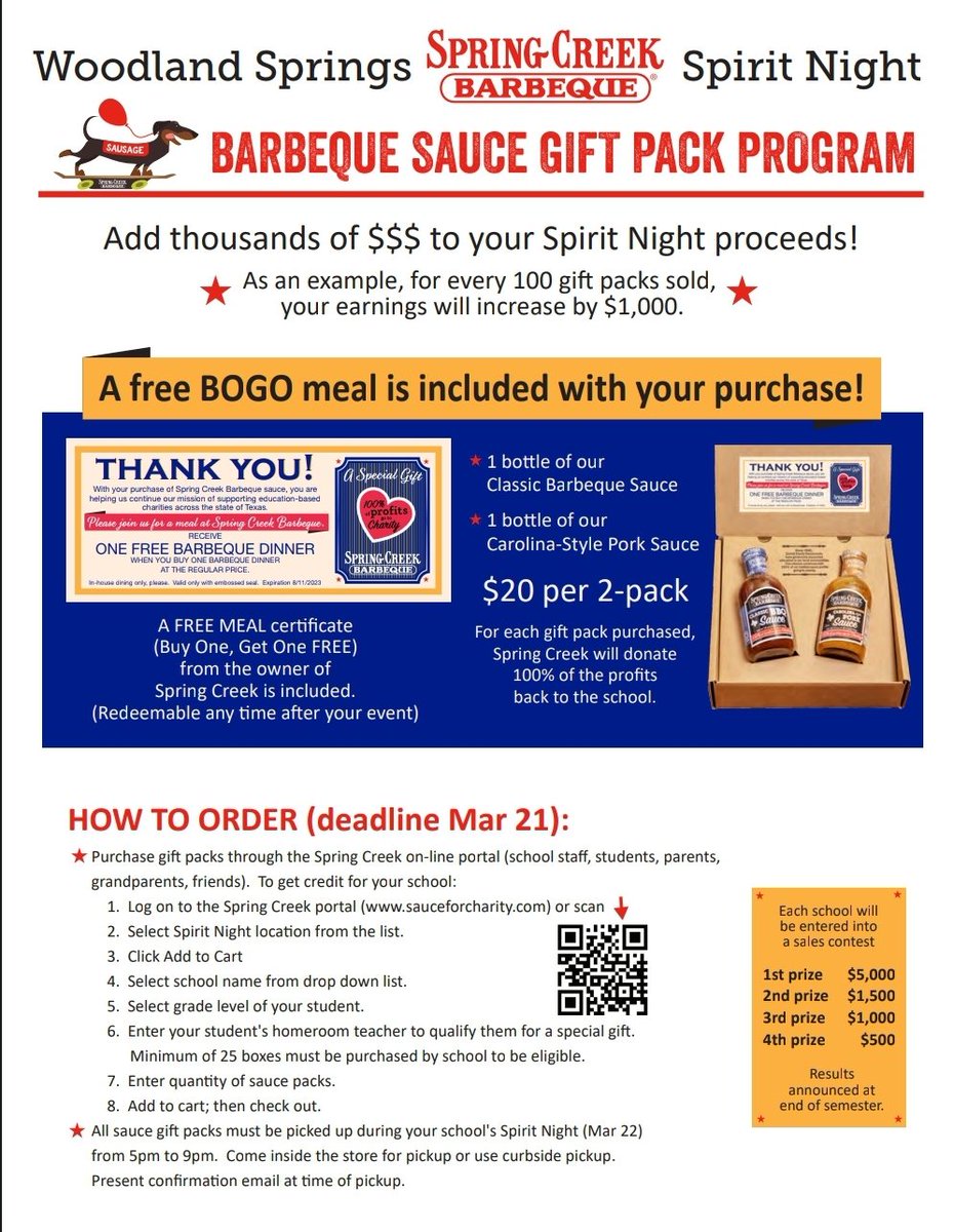 Woodland Springs Elementary PTA (@wsespta) on Twitter photo Join your Wildcat Family for Spirit Night <a href="/SpringCreekBBQ/">SpringCreekBarbeque</a> in Keller on March 22 from 5-9pm!
Woodland Springs Elementary can now be found on Sauceforcharity.com. Sauce purchases must be made by March 21. Thanks for your support! Join your Wildcat Family for Spirit Night <a href="/SpringCreekBBQ/">SpringCreekBarbeque</a> in Keller on March 22 from 5-9pm!
Woodland Springs Elementary can now be found on Sauceforcharity.com. Sauce purchases must be made by March 21. Thanks for your support!