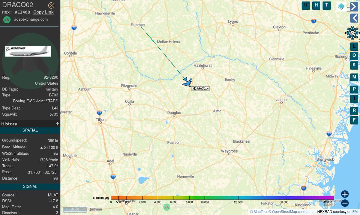 TheIntelFrog's tweet photo. USAF E-8C Joint STARS #AE148B as DRACO02 is southeast bound out of Robins AFB, GA. https://t.co/PNkV2AChjI