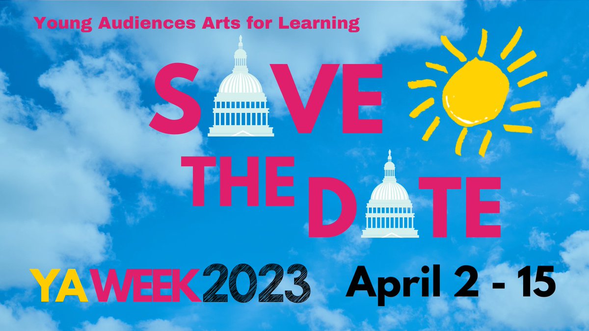 YoungAudiences_'s tweet photo. Save the date! You’re invited to join us for #YAweek 2023, coming up April 2-15! ☀️
#YAweek is an annual advocacy and awareness initiative when the #YAnetwork works collectively to shine a light on the importance of the arts within an equitable and well-rounded education. https://t.co/arq6dp5vjJ