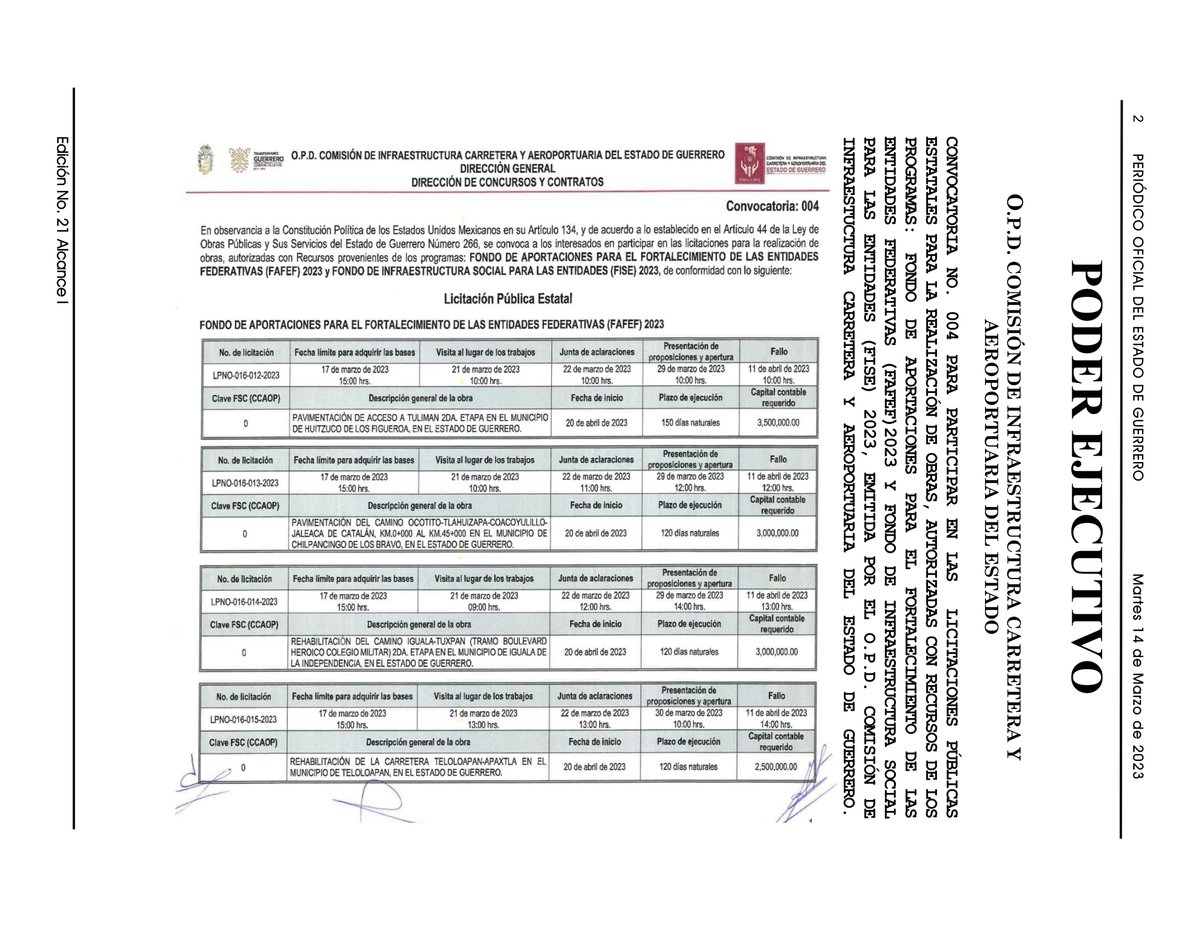 CicaegG's tweet photo. CONVOCATORIA NO. 004 PARA PARTICIPAR EN LAS LICITACIONES PUBLICAS ESTATALES PARA LA REALIZACIÓN DE OBRAS, AUTORIZADAS CON RECURSOS DE LOS PROGRAMAS: #FAFEF 2023 Y FISE 2023, EMITIDA POR EL O.P.D. #CICAEG.
#EvelynSalgadoPineda
#CICAEG
#TransformandoGuerrero https://t.co/mp1WhgJM5b