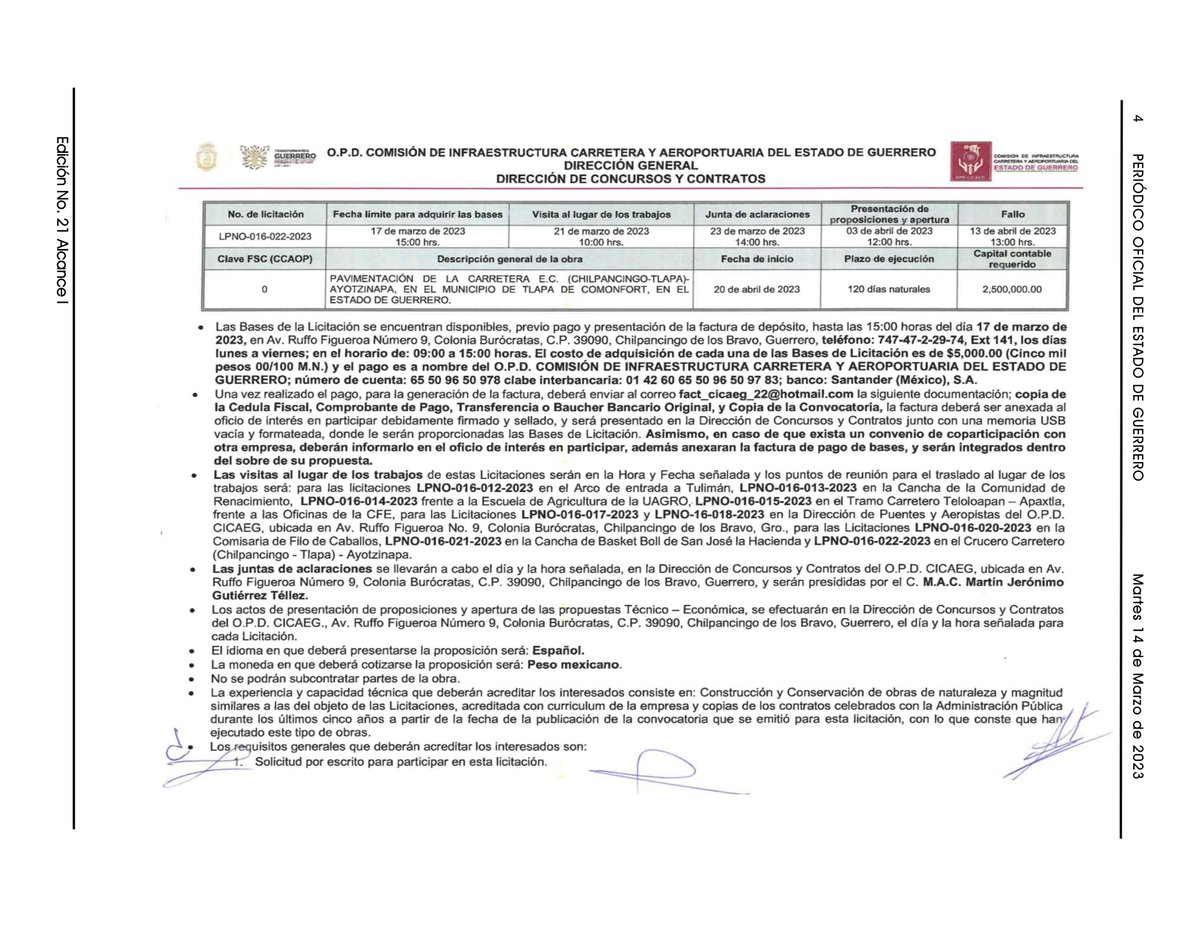 CicaegG's tweet photo. CONVOCATORIA NO. 004 PARA PARTICIPAR EN LAS LICITACIONES PUBLICAS ESTATALES PARA LA REALIZACIÓN DE OBRAS, AUTORIZADAS CON RECURSOS DE LOS PROGRAMAS: #FAFEF 2023 Y FISE 2023, EMITIDA POR EL O.P.D. #CICAEG.
#EvelynSalgadoPineda
#CICAEG
#TransformandoGuerrero https://t.co/mp1WhgJM5b