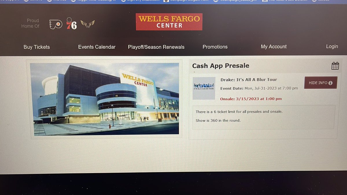 hannstarr's tweet photo. @CashApp @Drake @wellsfargocentr I got into this pre-sale - waited in a queue for a half hour-  it was supposed to start at 12. When it finally let me in using my cash app promo code, it took me to this page saying that the presale doesn't start till 1 o'clock. Wtf???? https://t.co/axJvM9DX90
