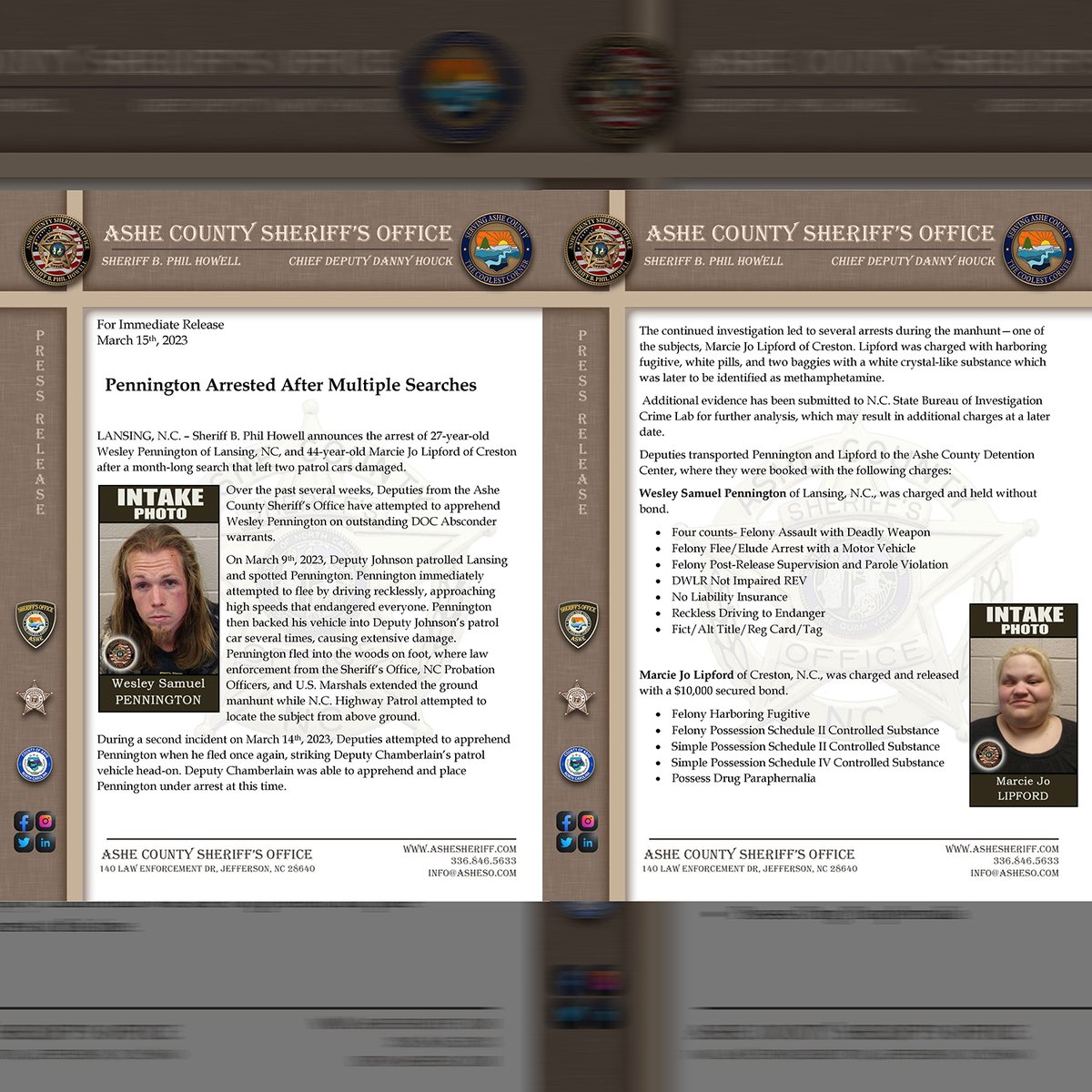 SheriffAshe's tweet photo. LANSING, N.C. – Sheriff B. Phil Howell announces the arrest of 27-year-old Wesley Pennington of Lansing, NC, and 44-year-old Marcie Jo Lipford ..
To read the entire press release please see attached images or visit https://t.co/w9SbQCgspp https://t.co/u9R1k06JDl