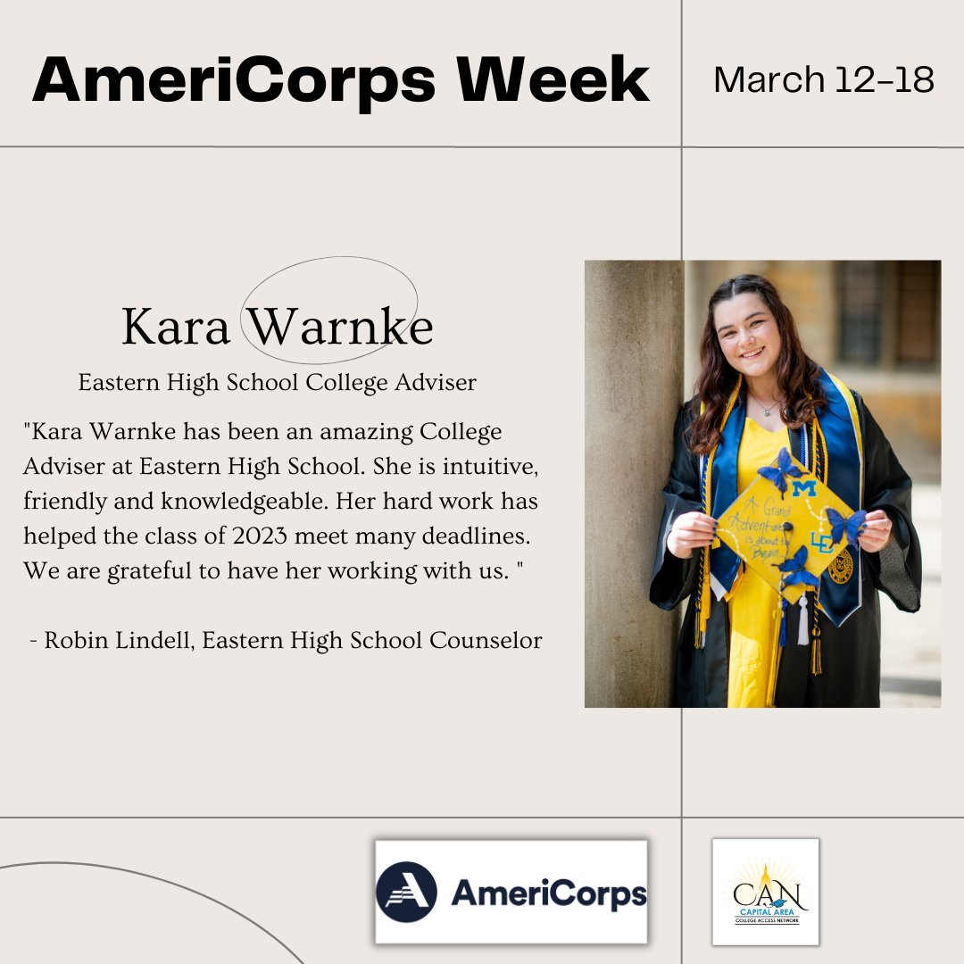 CapitalAreaCAN's tweet photo. Happy AmeriCorps Week! We've asked the supervisors at each host site to share some kind words about our AmeriCorps members. Thank you for all you do!  @msu_cac @lansingsd #AmeriCorpsWeek #MIACWeek https://t.co/YJfcQyNdPR