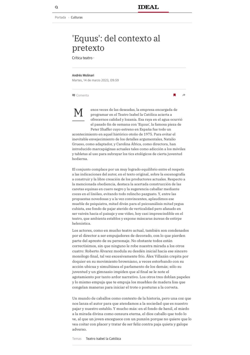 Roberto Alvarez (@robertoactor) on Twitter photo #Equus de <a href="/OkapiTeatro/">Okapi Producciones</a> solo nos da alegrias. Critica de <a href="/ideal_granada/">ideal_granada</a> tras nuestro paso por su ciudad. #criticateatral #criticaequus #Equus de <a href="/OkapiTeatro/">Okapi Producciones</a> solo nos da alegrias. Critica de <a href="/ideal_granada/">ideal_granada</a> tras nuestro paso por su ciudad. #criticateatral #criticaequus