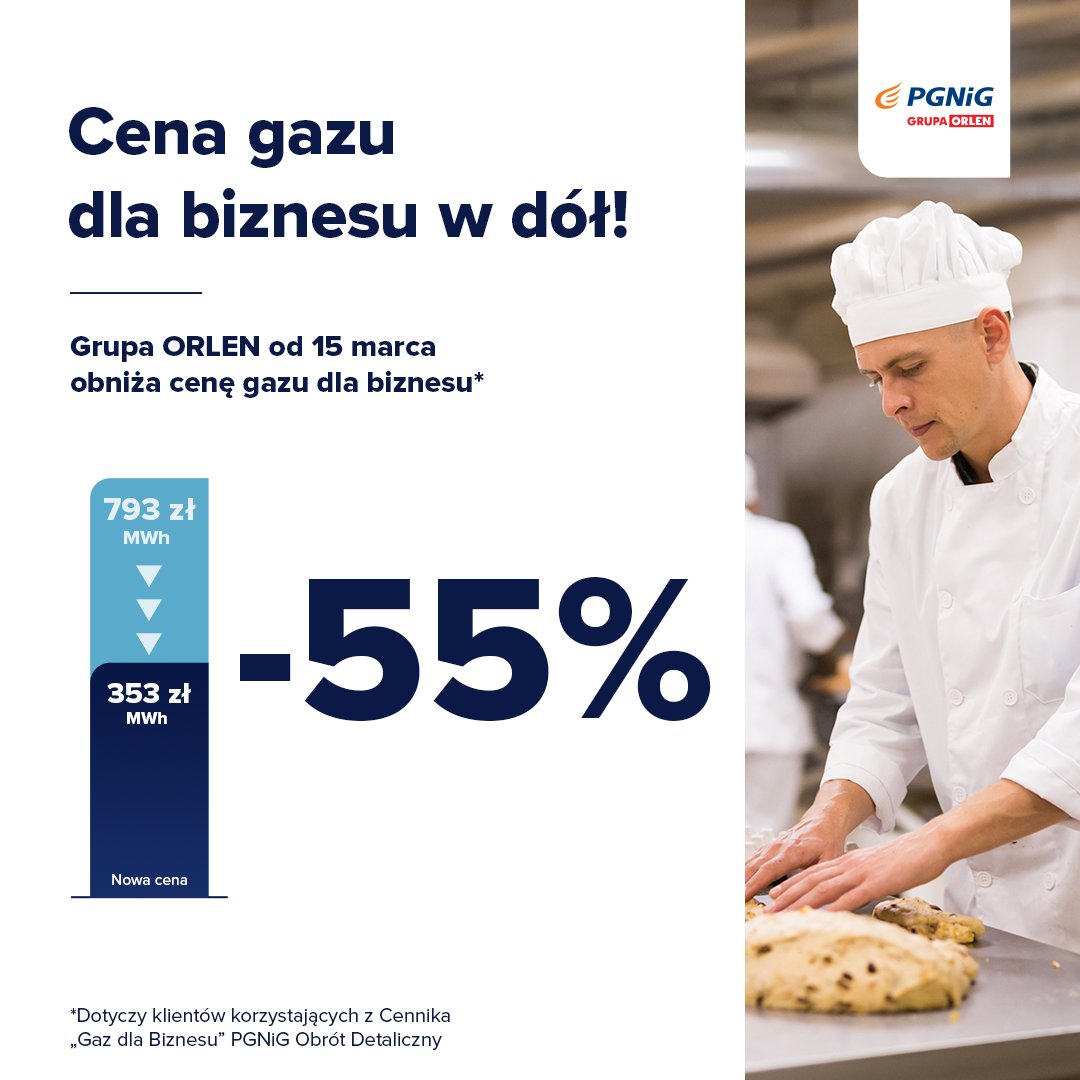 Już od dzisiaj cena gazu ziemnego dla biznesu niższa o ponad 55%❗️📉

Od 15 marca br.  cena gazu  dla klientów korzystających z Cennika "Gaz dla Biznesu" wynosi 353 zł/MWh❗️

Szczegółowe informacje: pgnig.pl/dla-firmy/cenn…