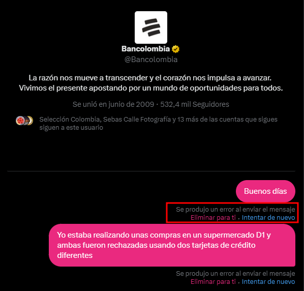 BerrioJE's tweet photo. @Bancolombia No puedo escribirles, no llegan los mensajes que envío David. https://t.co/okY1PGGGhh