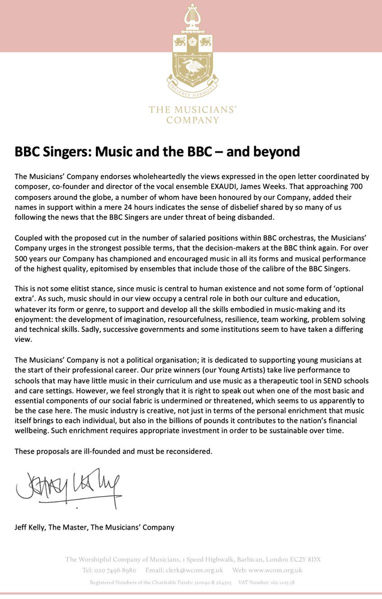 The Musicians’ Company endorses wholeheartedly the views expressed in the open letter below. Please read our full statement on the news section of our website: wcom.org.uk/news/bbc-singe… #SaveTheArts #MusicFunding @BBCSingers