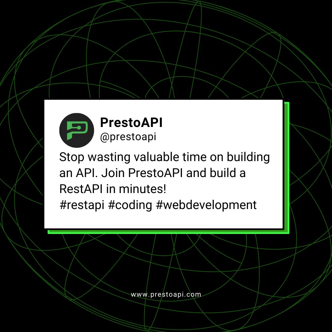 PrestoApi's tweet image. It&apos;s time to PrestoAPI and stop wasting your valuable time! PrestoAPI.com 

#frontenddev #backenddev #nocode #codingnewbie #codenewbie #nocodetool #codingtool #prestoapi #codingtips #restapi  #webdev #webdeveloper