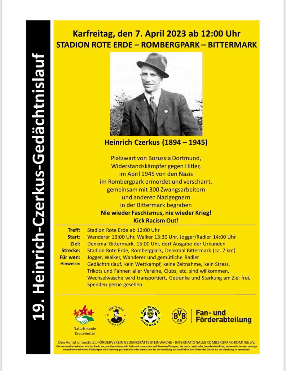 BVB-Fanabteilung (@fanabteilung) on Twitter photo An Karfreitag, den 07. April 2023, findet der alljährliche Heinrich-Czerkus-Gedächtnislauf statt. 
⌚ Treffpunkt 12:00 Uhr
🚩 Stadion Rote Erde. 
👨👩👦👦 Kommt vorbei! An Karfreitag, den 07. April 2023, findet der alljährliche Heinrich-Czerkus-Gedächtnislauf statt. 
⌚ Treffpunkt 12:00 Uhr
🚩 Stadion Rote Erde. 
👨👩👦👦 Kommt vorbei!