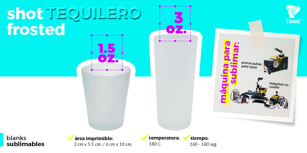 tinec_'s tweet photo. *SHOT TEQUILERO VIDRIO FROSTED*
Sublimable.
Disponible en 2 tamaños 1.5 y 3 Oz.
La prensa Púlsar para Tazas y las Prensas Combo son compatibles con la resistencia idónea para Sublimarla.
https://t.co/R07if9mPSF.
#tinec #sublimación #jarracervecera #prensastérmicas https://t.co/51gwFndz4q