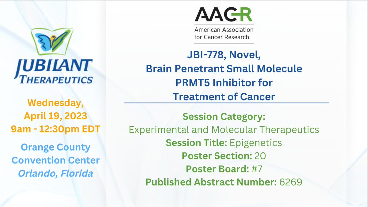 We present data on our brain penetrant small molecule PRMT5 inhibitor JBI-778 for the treatment of cancer <a href="/AACR/">AACR</a> Annual Meeting in Orlando on 4/19. JBI-778 penetrated the brain in all animal species tested &amp; highly efficacious in orthotopic glioma models.

bit.ly/40b8maq