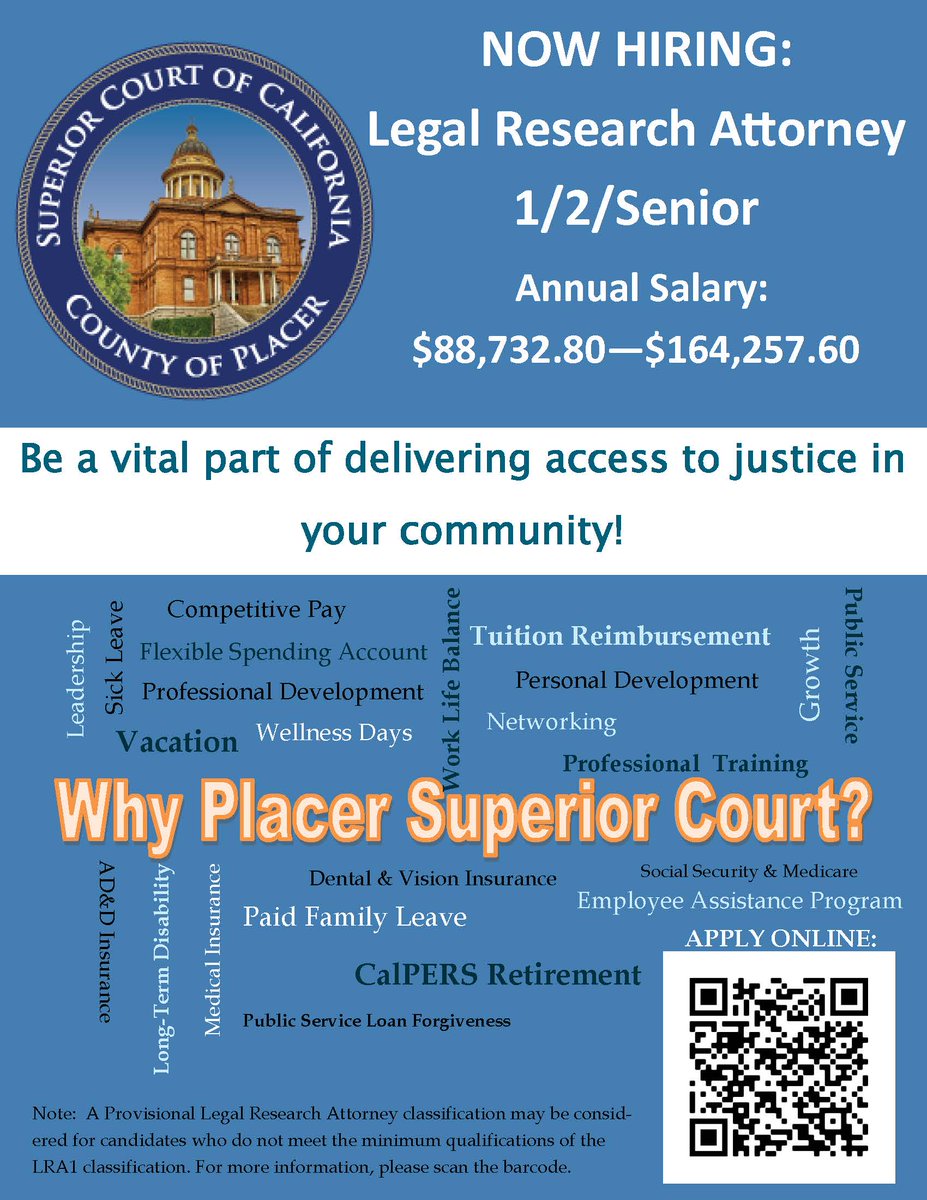 The Placer Superior Court is recruiting a Legal Research Attorney 1/2/Senior. This recruitment will remain open until filled. governmentjobs.com/careers/placer…