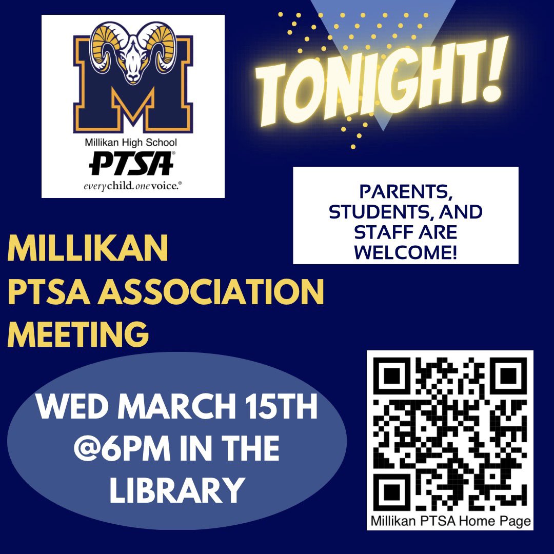YOU’RE INVITED! Millikan PTSA Association meeting and 2023-24 executive board election is TONIGHT on Wednesday, March 15th at 6pm in the library. Visit our website for the agenda! lbmillikan.schoolloop.com/ptsa #lbmillikanptsa #bettertogether <a href="/PrincipalVega/">Alejandro Vega</a> 💙🐏💛