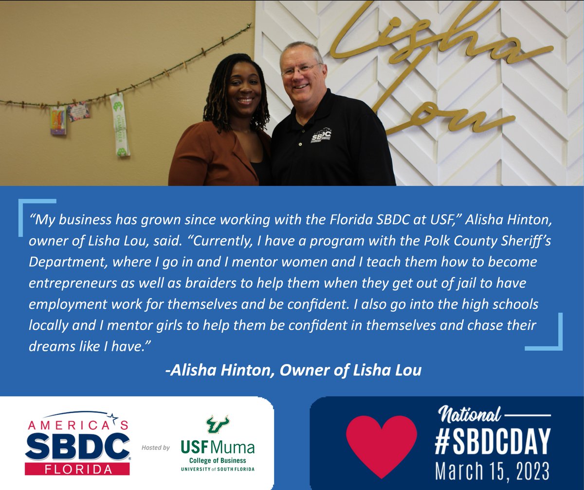 usfsbdc's tweet photo. “My business has grown since working with the Florida SBDC at USF,” Alisha Hinton, owner of Lisha Lou. We love showcasing small businesses that pay it forward to their community, thank you for all that you do Lisha Lou! #SBDCDay Check out the full story at https://t.co/z04j8Ldy2h https://t.co/BuFSdK5yvH
