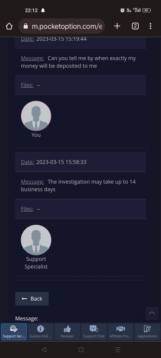 saitejavidha's tweet photo. @PocketOption its been 5 days since i have made a deposit and sent them proofs more than 10 times, still they say is the case is under investigation and wait till we get back. Please dont loose your money here. https://t.co/UHUZrBlybr