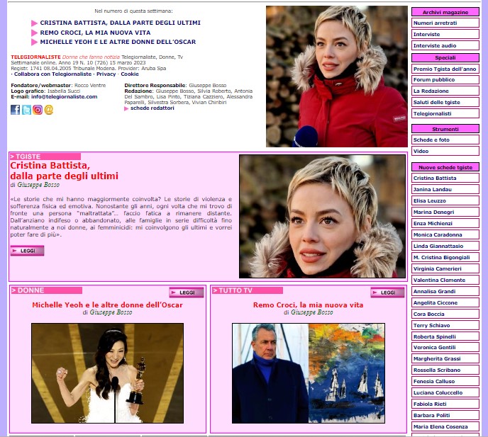 Online il numero 726 di #Telegiornaliste #donnechefannonotizia. In copertina: #CristinaBattista #MichelleYeoh  #RemoCroci
telegiornaliste.com