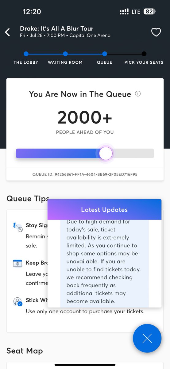 KaitlynGoodrich's tweet photo. @CashApp I know it’s #ticketmaster issue with dynamic pricing but you kept saying tickets would start at 69.50 but did anyone even score tickets this cheap? #drake #drakeprices #itsallablur https://t.co/9hkLrUfbWZ