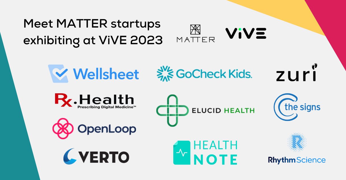 MATTER (@matterhealth) on Twitter photo We're going to <a href="/theviveevent/">ViVE</a>! Come see us and 10 of our startups ā <a href="/CtheSignsSystem/">C the Signs</a>, Elucid Health, <a href="/GoCheckKids/">GoCheck Kids</a>, <a href="/healthnote/">Health Note</a>, <a href="/openloophealth/">OpenLoop</a>, <a href="/rhythmsci/">RhythmScience Inc.</a>, <a href="/Rx_Health/">Rx.Health</a>, <a href="/VertoInc/">Verto Health</a>, <a href="/Wellsheet_Inc/">Wellsheet</a> and <a href="/zurifertility/">zuri</a> exhibiting at pavilion 1104.
To register: bit.ly/3mKxWEQ We're going to <a href="/theviveevent/">ViVE</a>! Come see us and 10 of our startups ā <a href="/CtheSignsSystem/">C the Signs</a>, Elucid Health, <a href="/GoCheckKids/">GoCheck Kids</a>, <a href="/healthnote/">Health Note</a>, <a href="/openloophealth/">OpenLoop</a>, <a href="/rhythmsci/">RhythmScience Inc.</a>, <a href="/Rx_Health/">Rx.Health</a>, <a href="/VertoInc/">Verto Health</a>, <a href="/Wellsheet_Inc/">Wellsheet</a> and <a href="/zurifertility/">zuri</a> exhibiting at pavilion 1104.
To register: bit.ly/3mKxWEQ