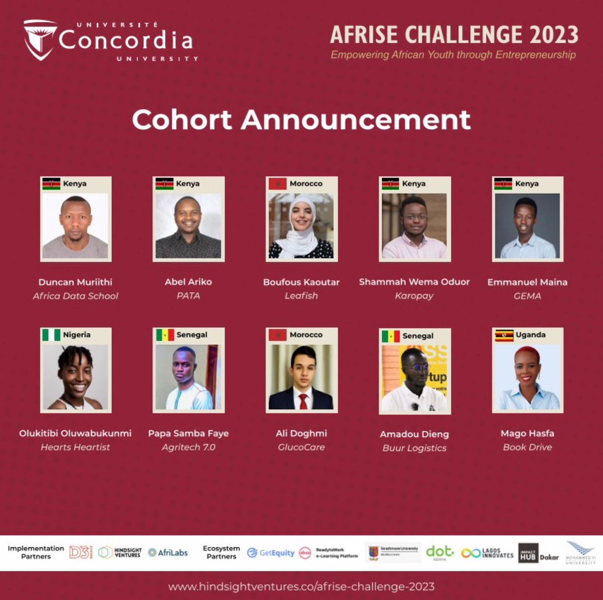 Concordia University has launched the 2023 #AFRISE Challenge and we are privy to be amongst the selected candidates for this opportunity.
•
•
•
#AfriseChallenge #AfricanYouthEntrepreneurs #StudentEntrepreneurs #FundsForNGOs #EducationFunding #EmpoweringAfricanYouth