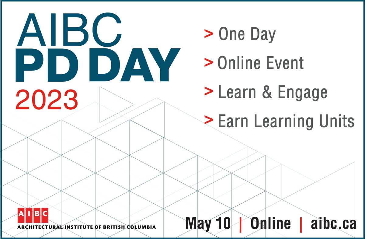 Registration is open for AIBC PD Day 2023! Taking place online on May 10, this one-day professional development event explores topics impacting today’s architectural practice, including Affordability &amp; Sustainability, Innovation &amp; Technology, and more: bit.ly/3mSBl4K
