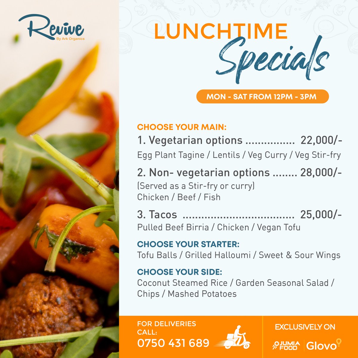 Delicious lunch specials await you! Order with us on 0750431689 from 12pm - 3pm and indulge in a satisfying meal at great prices. See you soon! 

Get ordering with Jumia or Glovo too for your lunch specials.

#lunchspecials #greatprices #satisfying #revivebyarkorganics