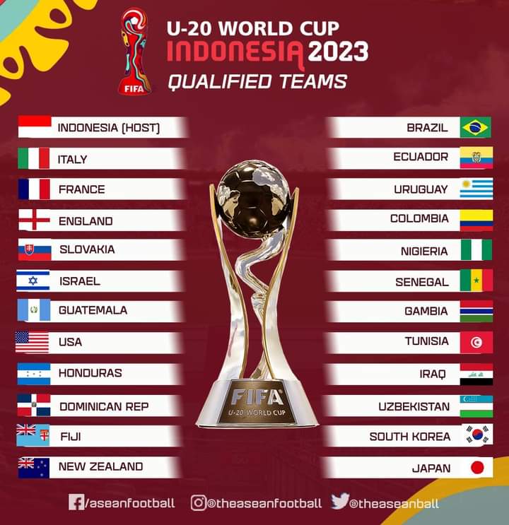 MitchBranche's tweet photo. 24 confirmed teams for the 2023 U20 World Cup that will be hosted in Indonesia.  Senegal, The Gambia, Nigeria and Tunisia will represent Africa in the tournament. https://t.co/bFpoMfzSmw