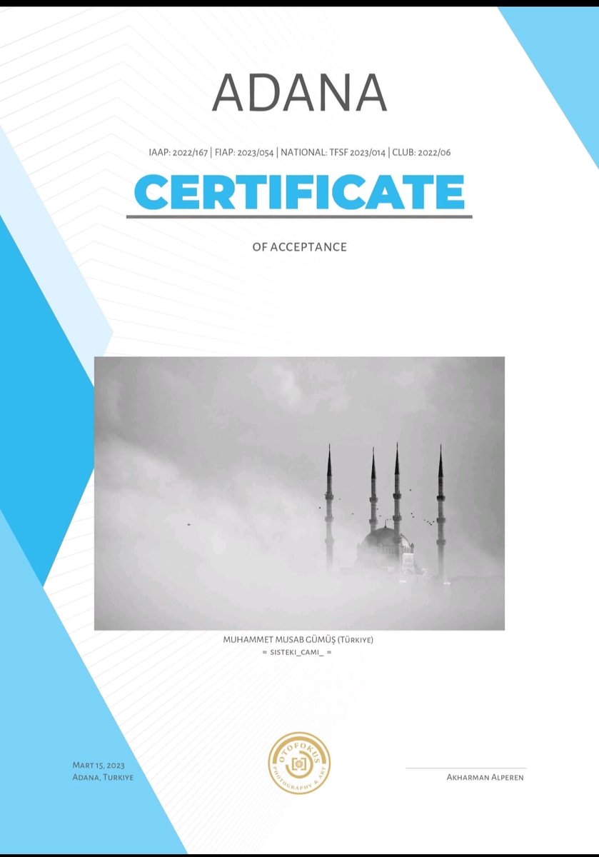 Muhammed Musab Gümüş öğretmenimizin Otofokus Fotoğraf &amp; Sanat derneği tarafından düzenlenen "  1. Adana Uluslararası Fotoğraf Yarışması"nda  sergileme alan fotoğrafları..

Öğretmenimizi tebrik ediyoruz. Başarılarının devamını diliyoruz.