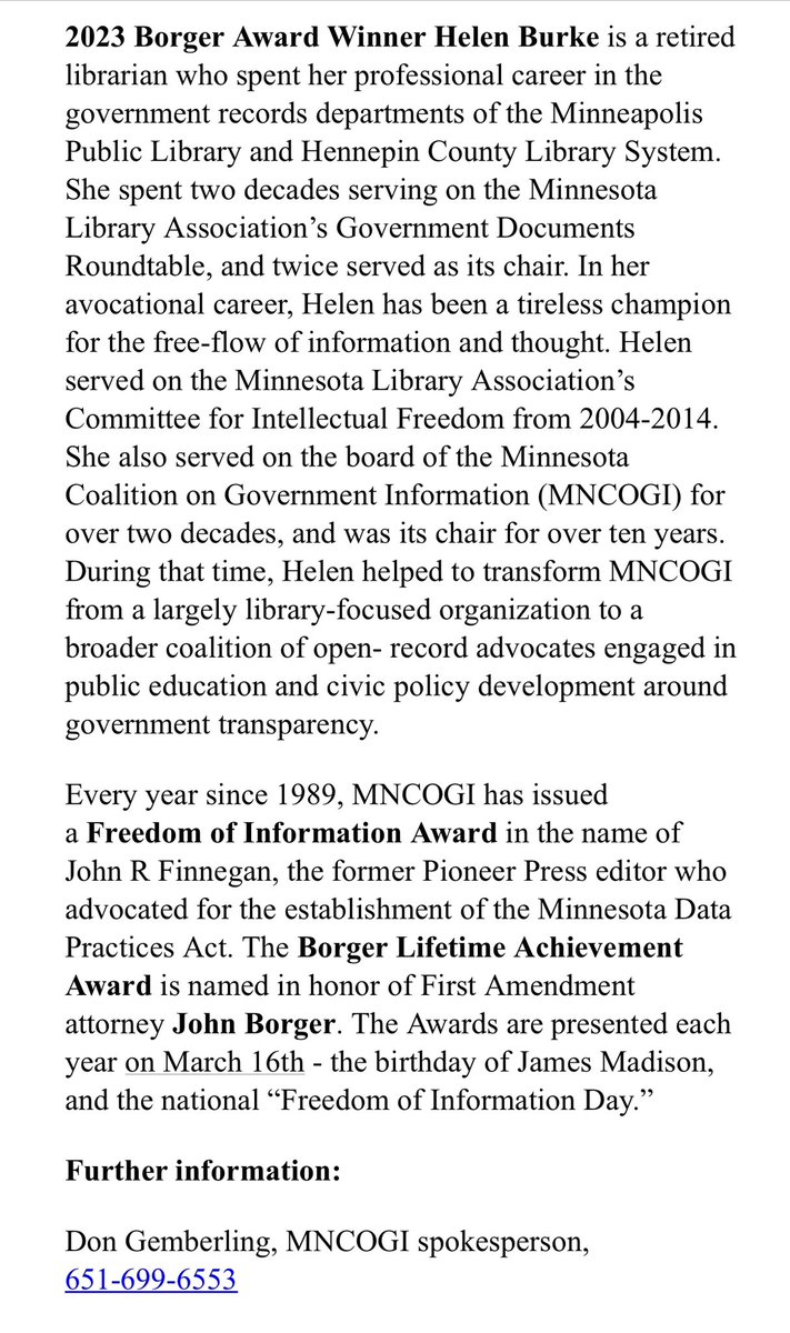 Noon tomorrow (March 16) at the State Capitol in Room 317A, the Cass Gilbert Library, @MNCOGI will present its two annual Freedom of Information awards. Please attend if you’re able. Coffee and snack bars will be served. #freedomofinformation #datapractices